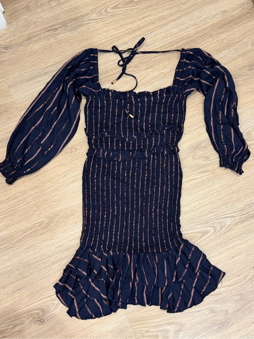 Vintage Havana Navy Dress with Copper Stripe Accents and Ruffle Hem